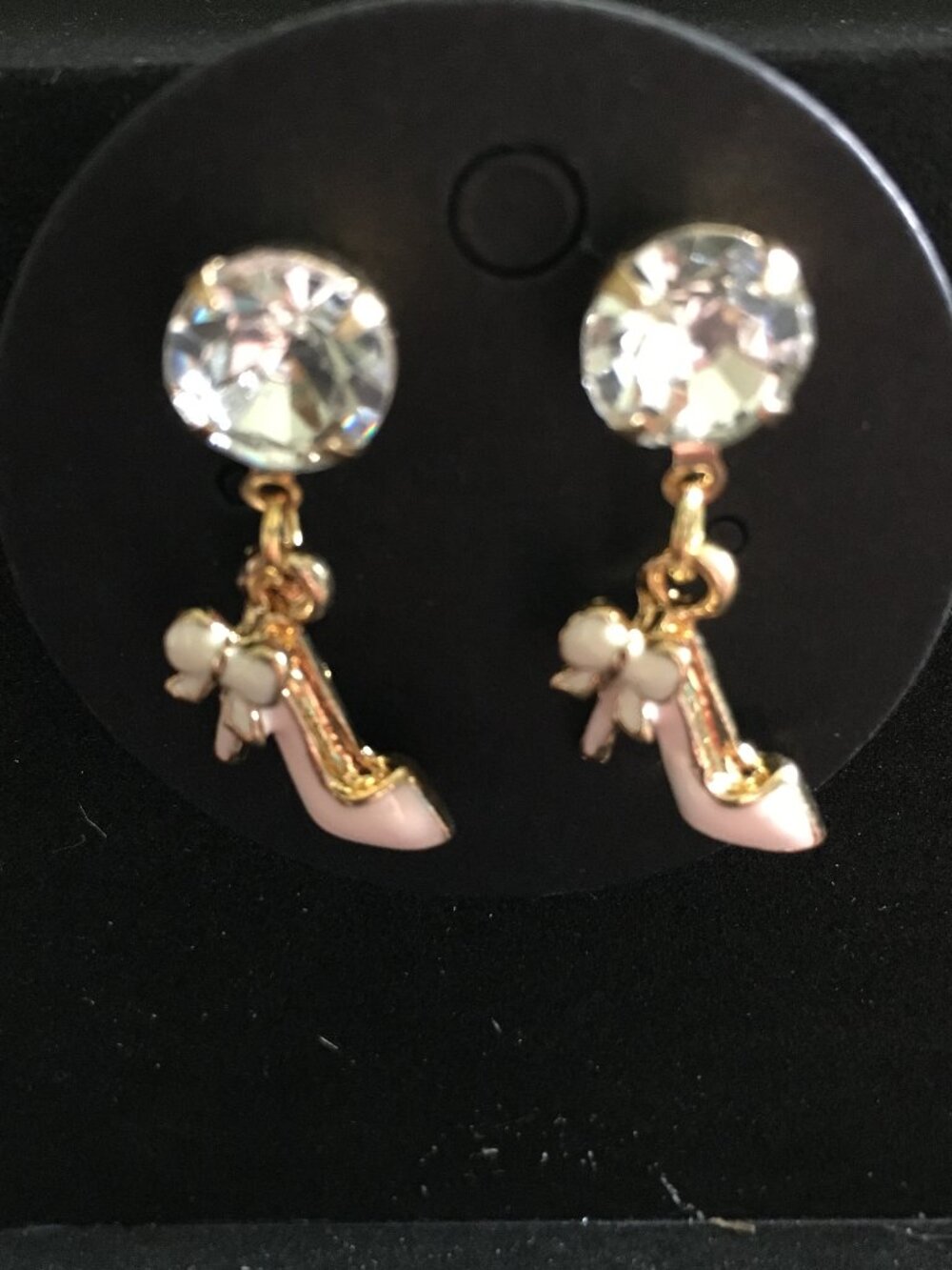 High Heel Rhinestone Dangle Earrings with Pink Shoe & Flower Charms
